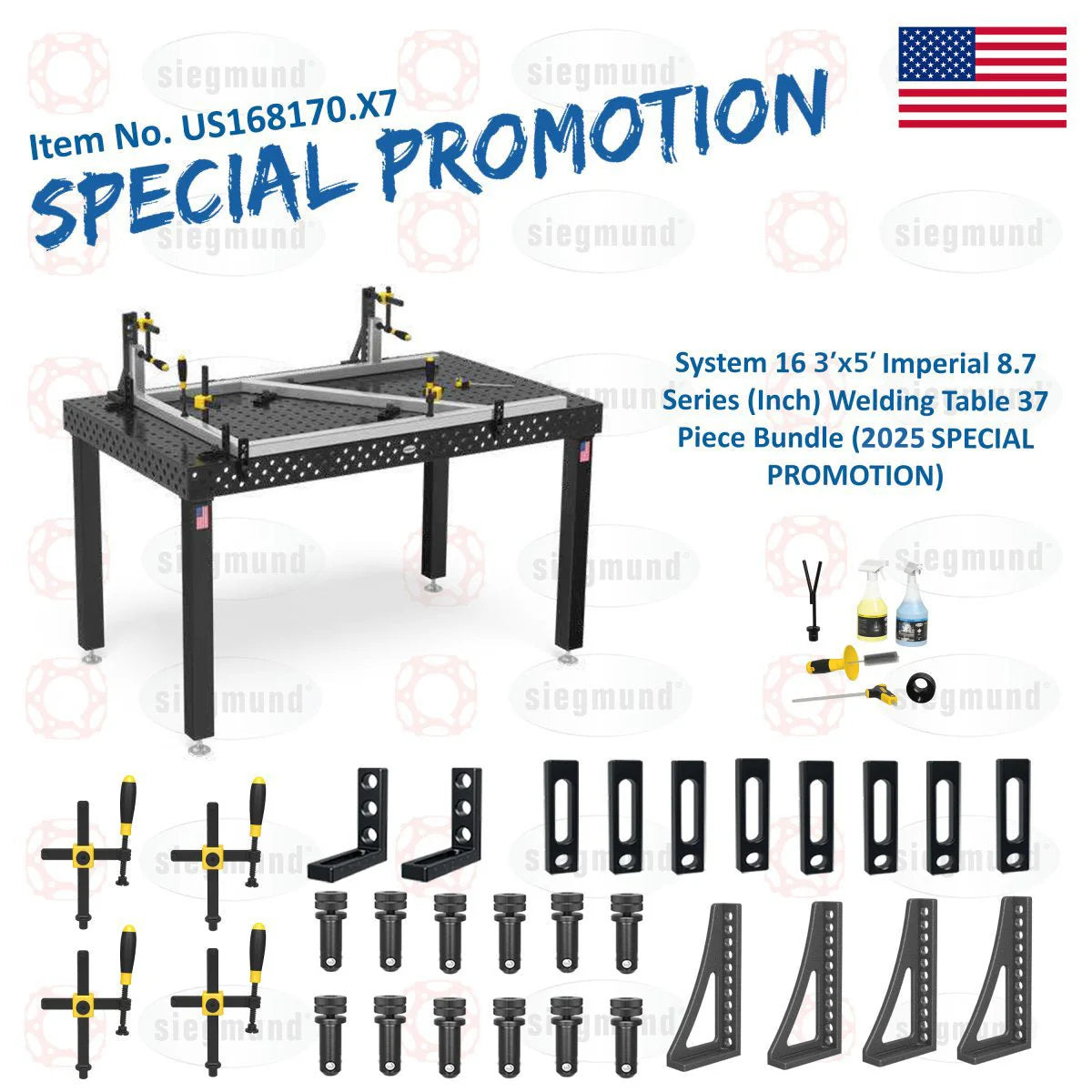 Siegmund US168170.X7: System 16 3'x5' (36"x60") Imperial 8.7 Series (Inch) Welding Table 37 Piece Bundle (2025 SPECIAL PROMOTION)